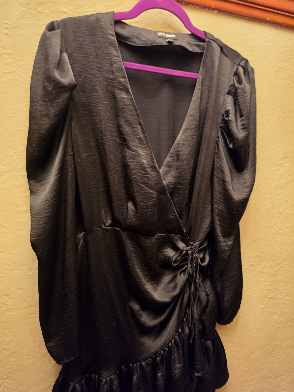 Steve Madden Black Satin Faux Wrap Ruched Mini Dress Ruffle Hem L - Picture 3 of 14